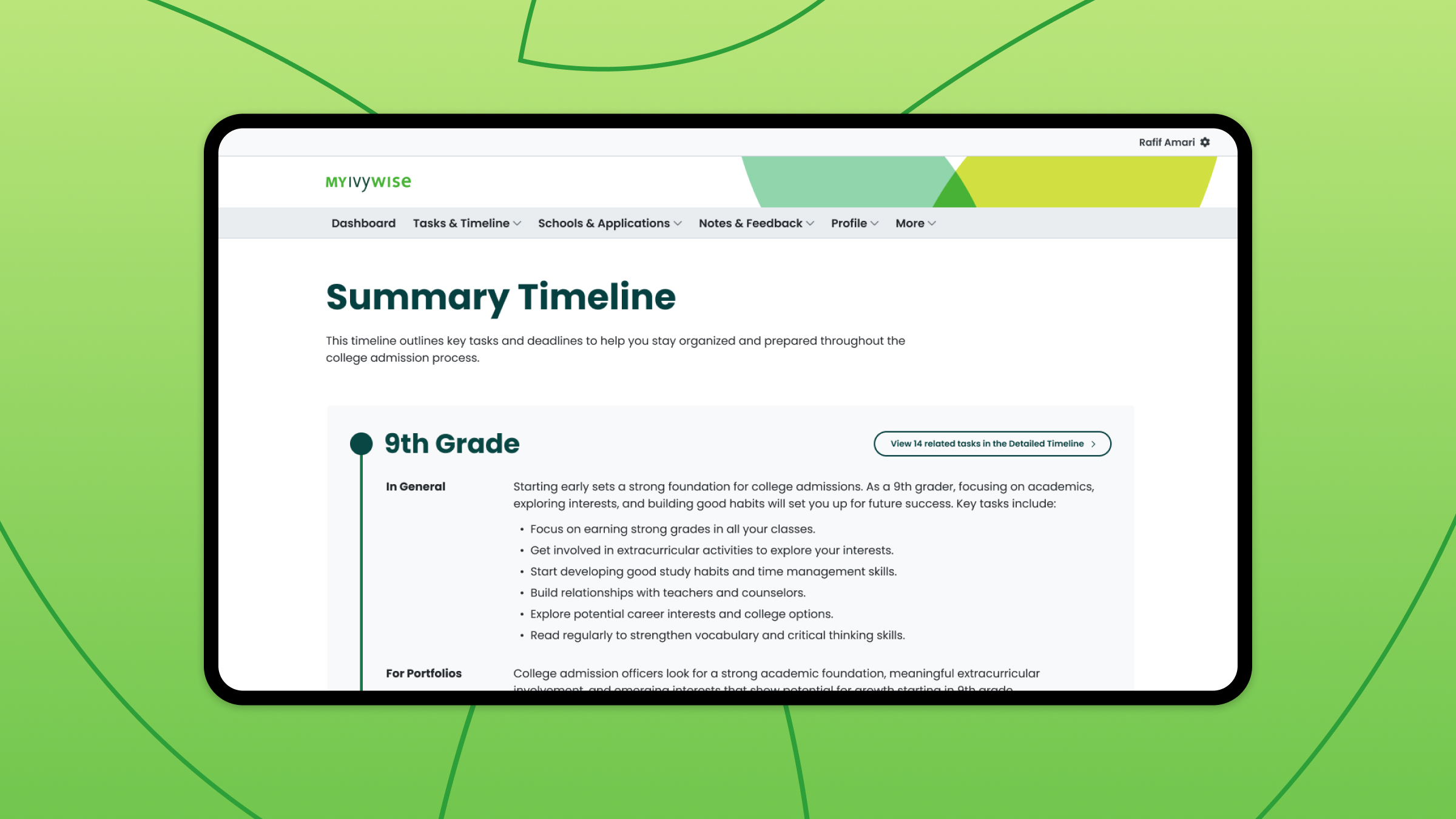 The myIvyWise Summary Timeline screen, showing 9th grade tasks and deadlines in a tablet mockup.